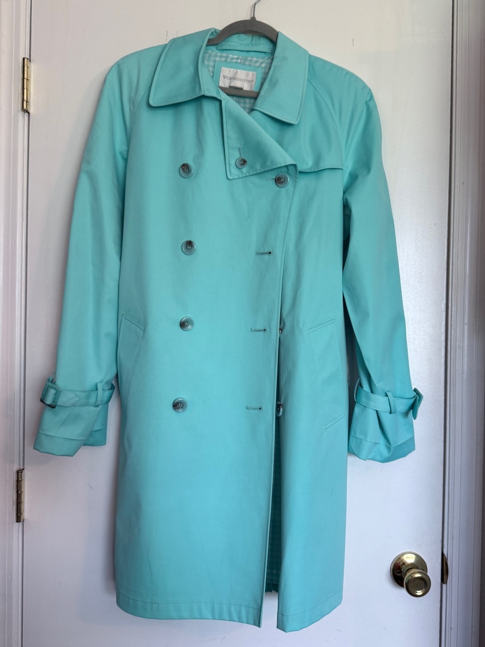 Worthington Mint Green Double Breasted Trench Coat Gingham Lining Size L